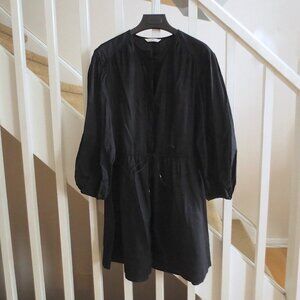 H&M Black Cotton Linen Blend Drawstring Summer Dress with Puff Blouse Sleeves